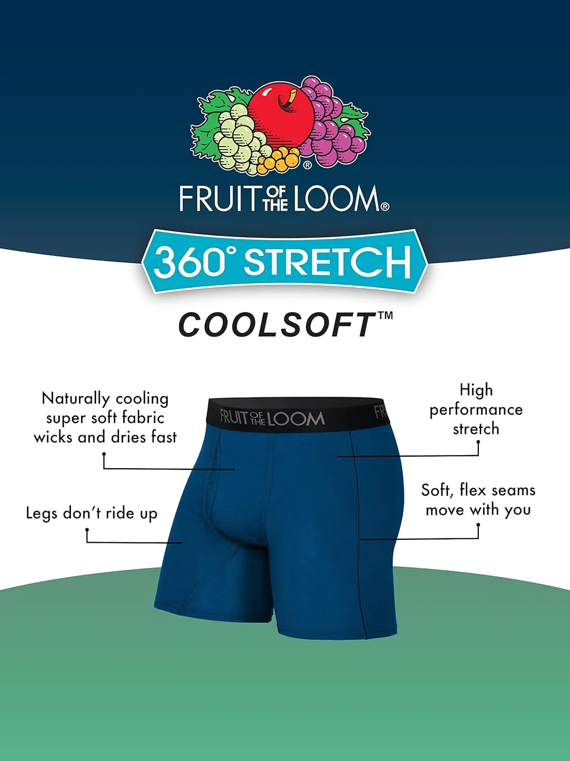 Fruit of the Loom Men's 4-Way Stretch Boxer Briefs | Lightweight & Moisture Wicking Underwear | Long, Regular Leg & Trunk