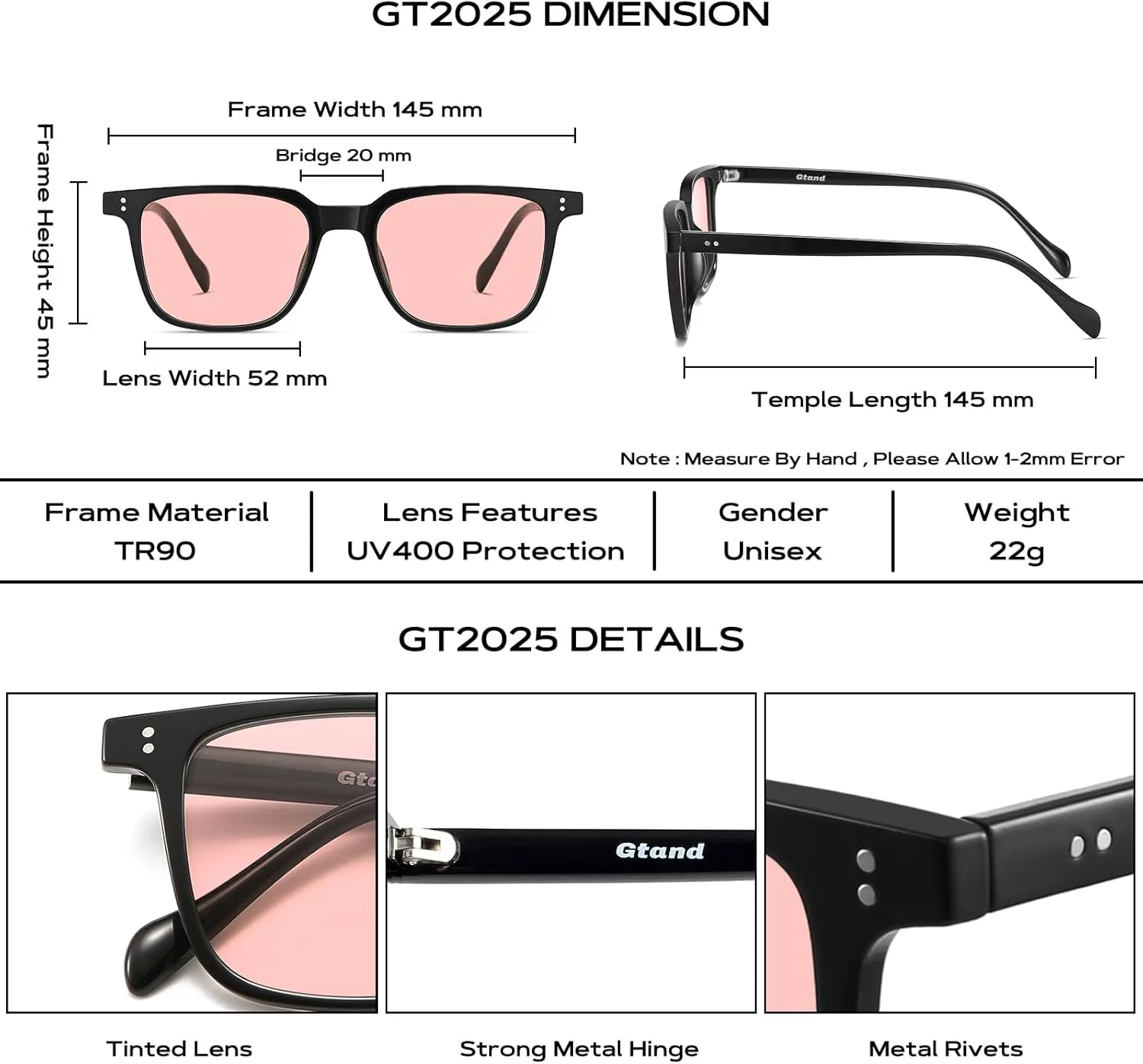 Gtand Unisex Vintage Retro Square Style Tinted Sunglasses For Men Women Fashion Rectangle Sun Glasses 52mm