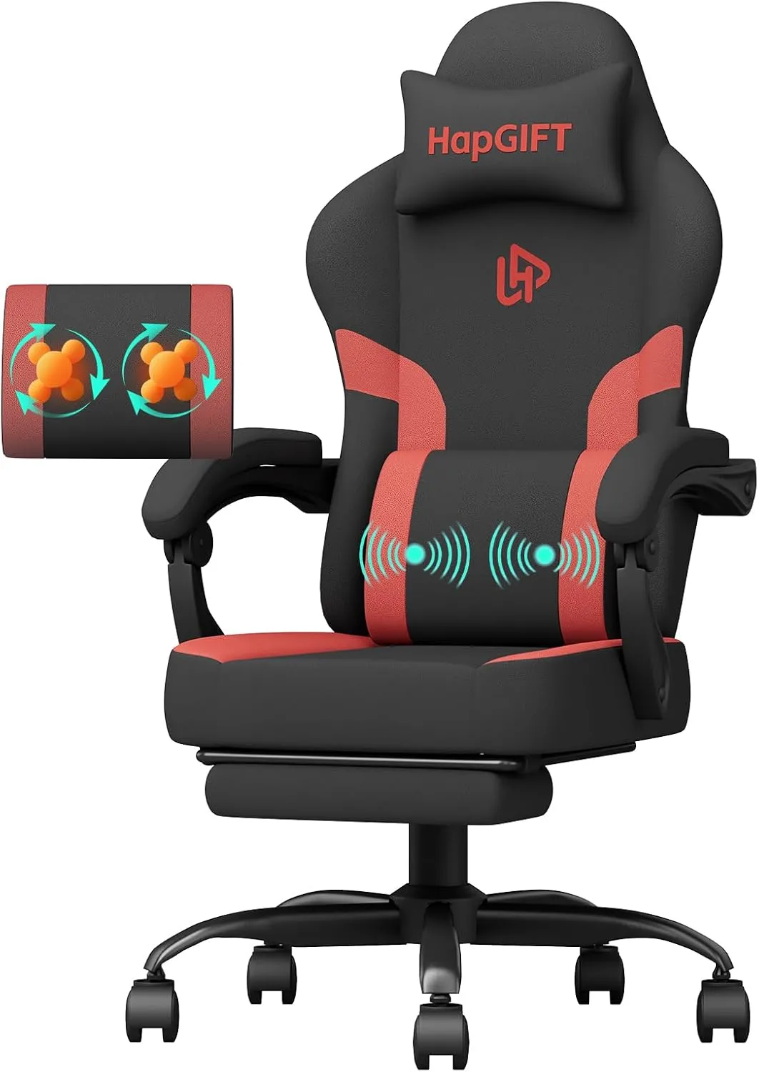 HapGIFT Gaming Chair with Massage Lumbar Support, High Back Ergonomic Computer Chair with Headrest, Height Adjustable Technical Fabric Chair with Footrest, Gamer for Adults, 300LBS (Black-Red)