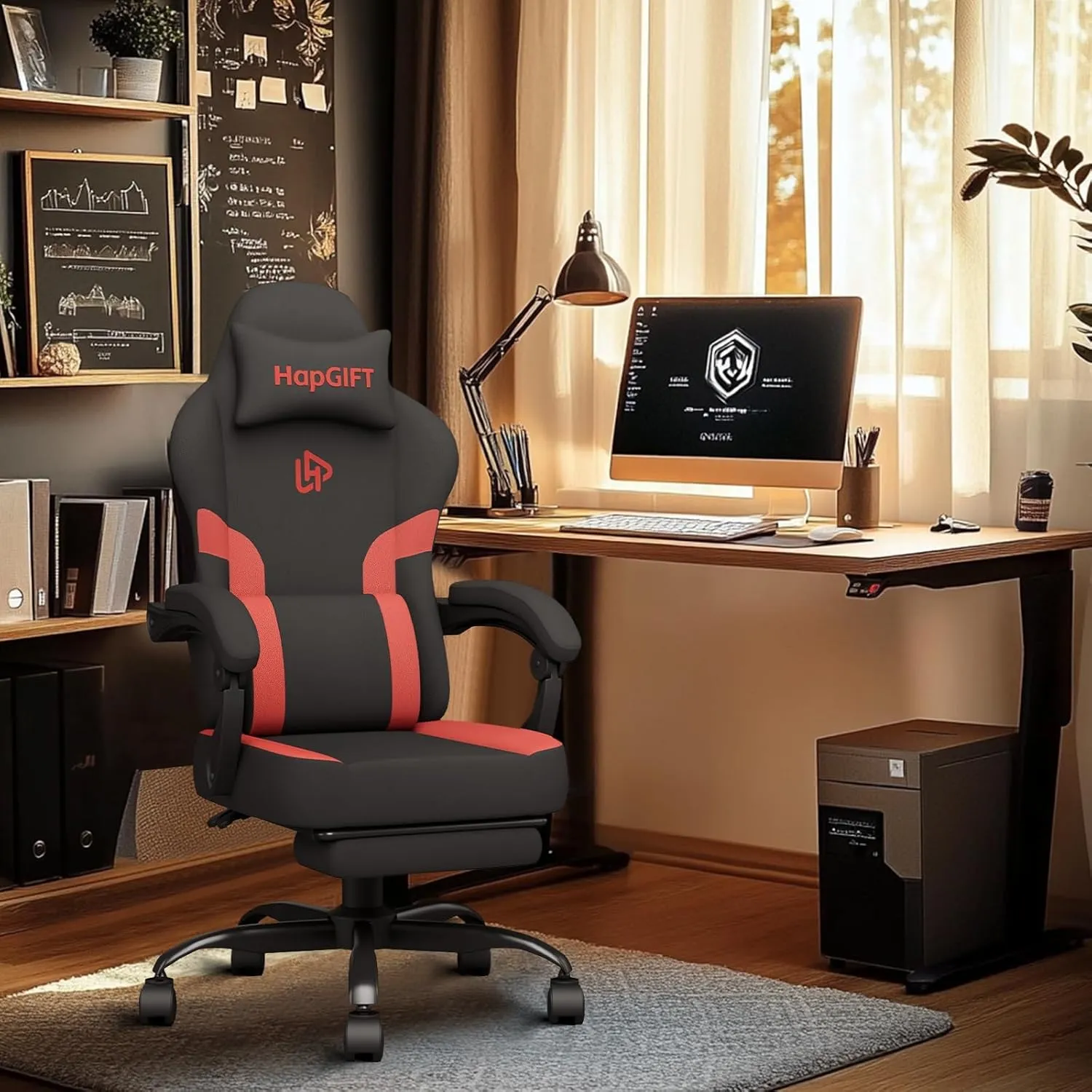HapGIFT Gaming Chair with Massage Lumbar Support, High Back Ergonomic Computer Chair with Headrest, Height Adjustable Technical Fabric Chair with Footrest, Gamer for Adults, 300LBS (Black-Red)