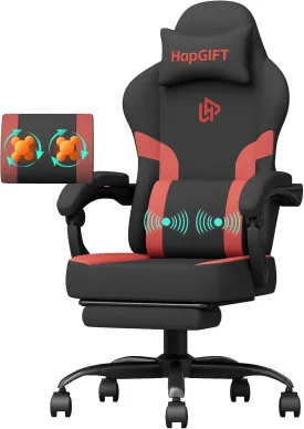 HapGIFT Gaming Chair with Massage Lumbar Support, High Back Ergonomic Computer Chair with Headrest, Height Adjustable Technical Fabric Chair with Footrest, Gamer for Adults, 300LBS (Black-Red)