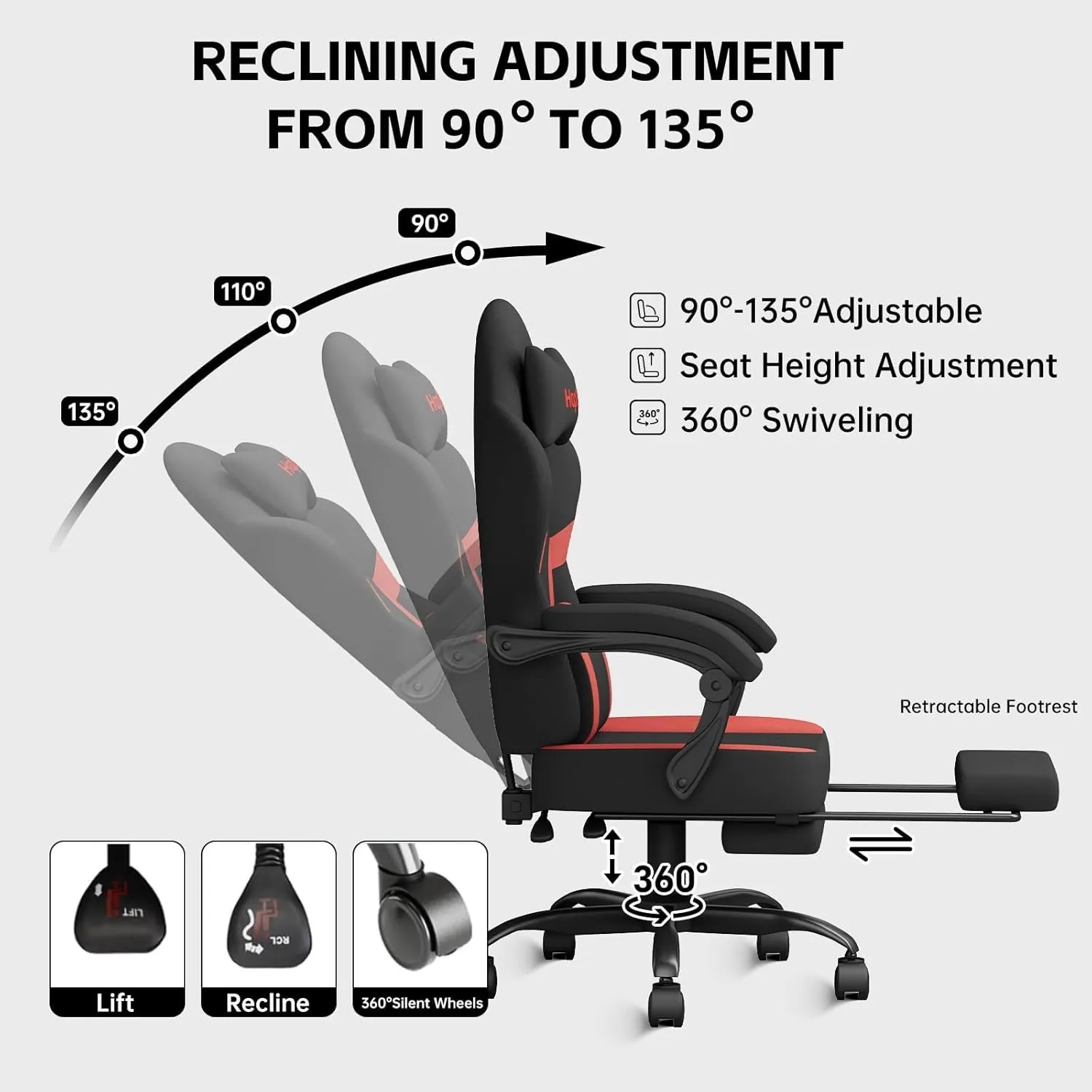 HapGIFT Gaming Chair with Massage Lumbar Support, High Back Ergonomic Computer Chair with Headrest, Height Adjustable Technical Fabric Chair with Footrest, Gamer for Adults, 300LBS (Black-Red)