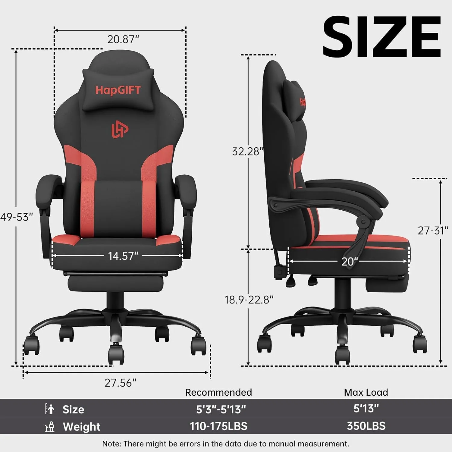 HapGIFT Gaming Chair with Massage Lumbar Support, High Back Ergonomic Computer Chair with Headrest, Height Adjustable Technical Fabric Chair with Footrest, Gamer for Adults, 300LBS (Black-Red)