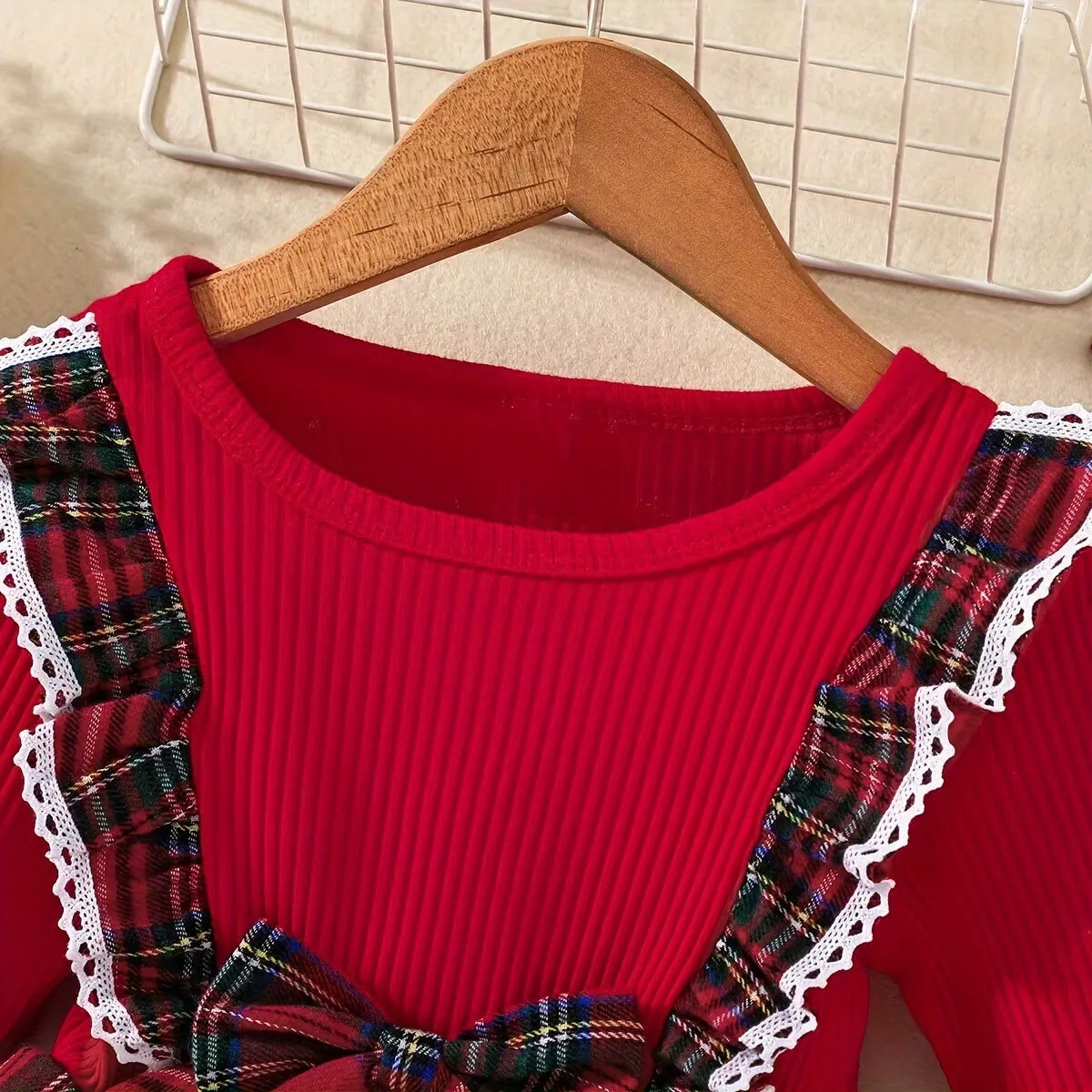 Long Sleeve Sweet & Stylish Ruffle Spliced Bow Decor Plaid Pattern Dress for Fall & Winter, as Christmas Gifts