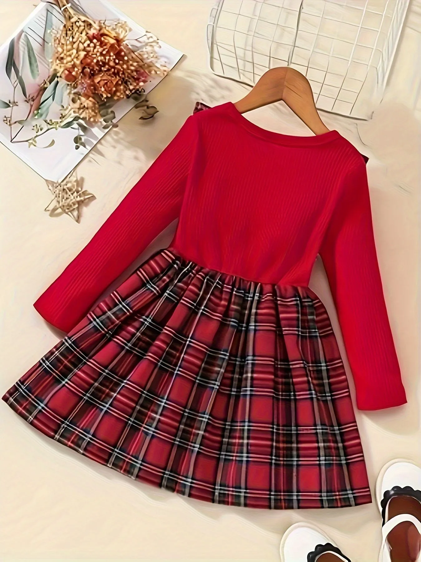 Long Sleeve Sweet & Stylish Ruffle Spliced Bow Decor Plaid Pattern Dress for Fall & Winter, as Christmas Gifts