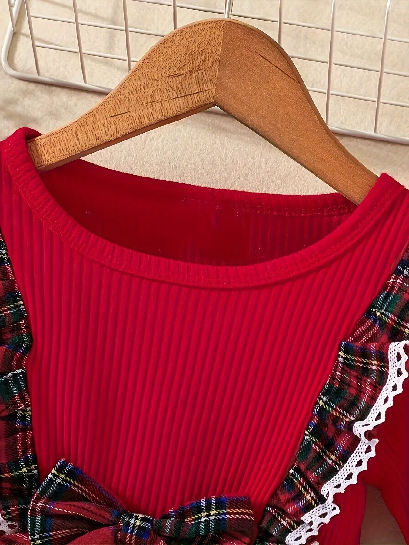 Long Sleeve Sweet & Stylish Ruffle Spliced Bow Decor Plaid Pattern Dress for Fall & Winter, as Christmas Gifts