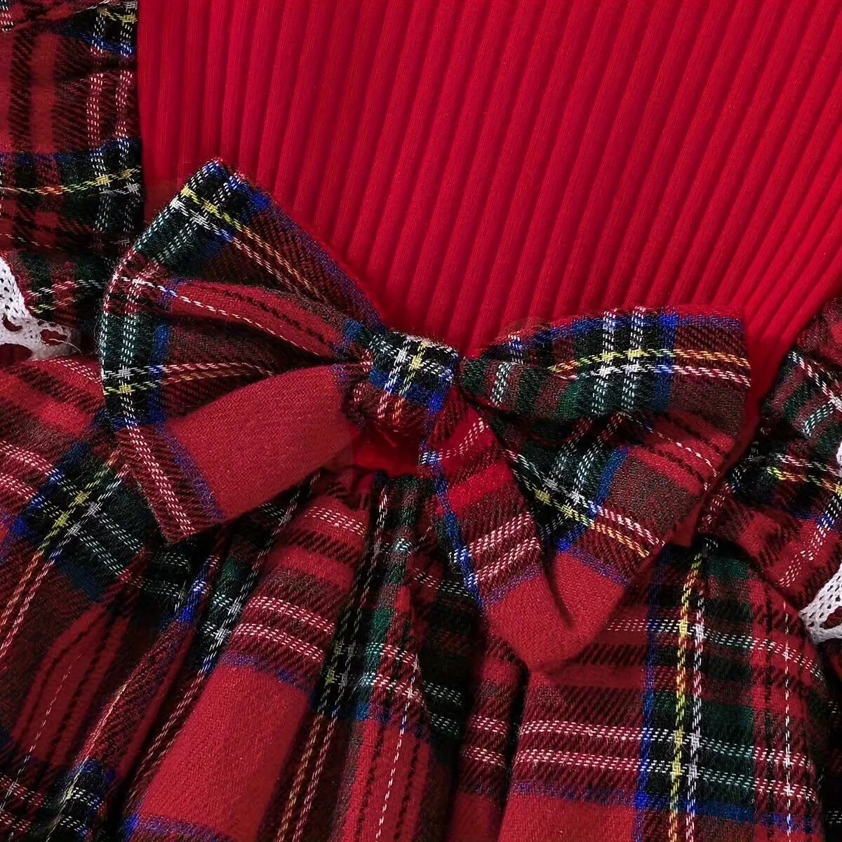 Long Sleeve Sweet & Stylish Ruffle Spliced Bow Decor Plaid Pattern Dress for Fall & Winter, as Christmas Gifts