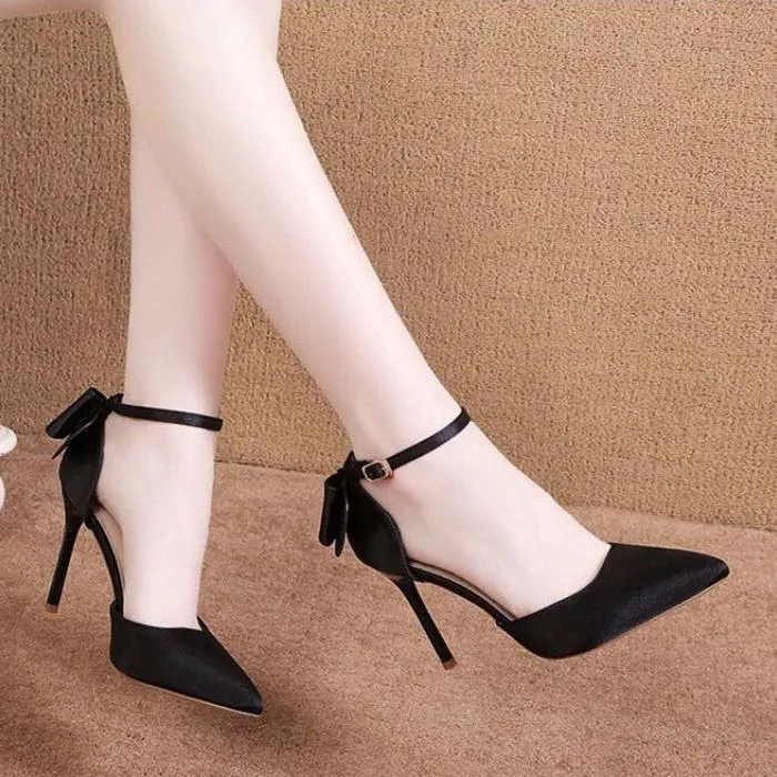 Women pointed toe bowknot ankle buckle strap stiletto heels