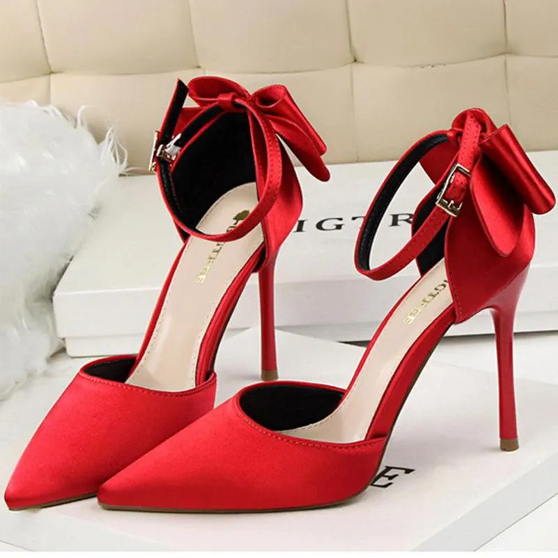 Women pointed toe bowknot ankle buckle strap stiletto heels