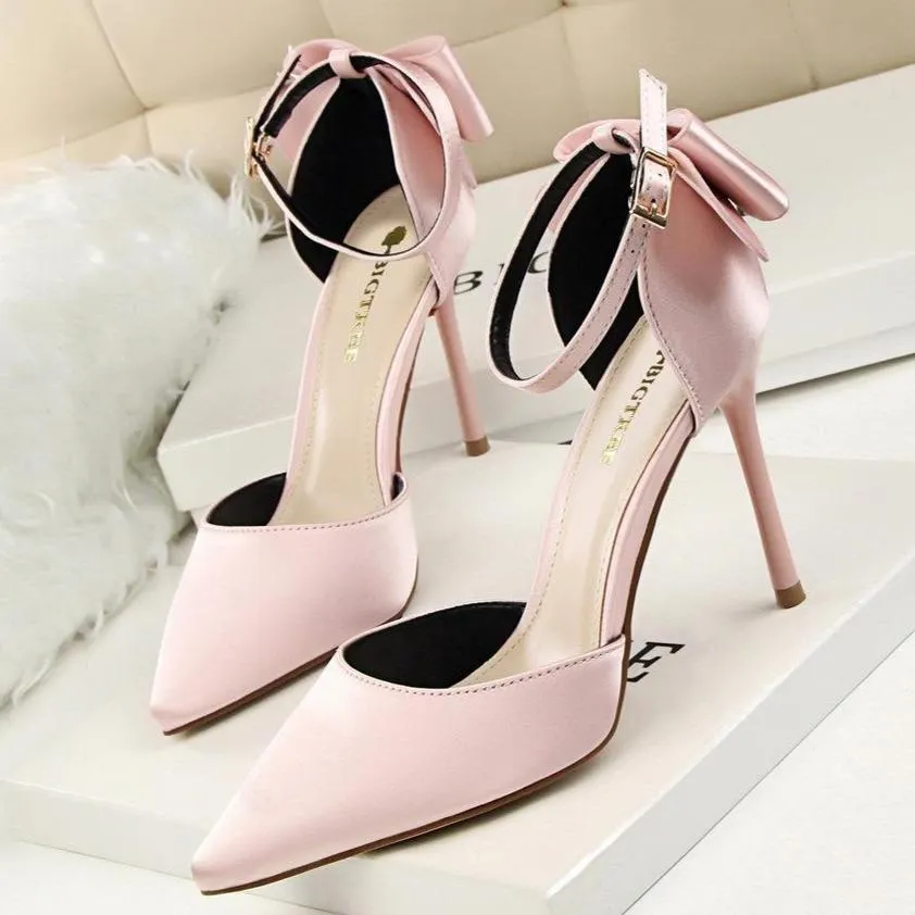 Women pointed toe bowknot ankle buckle strap stiletto heels